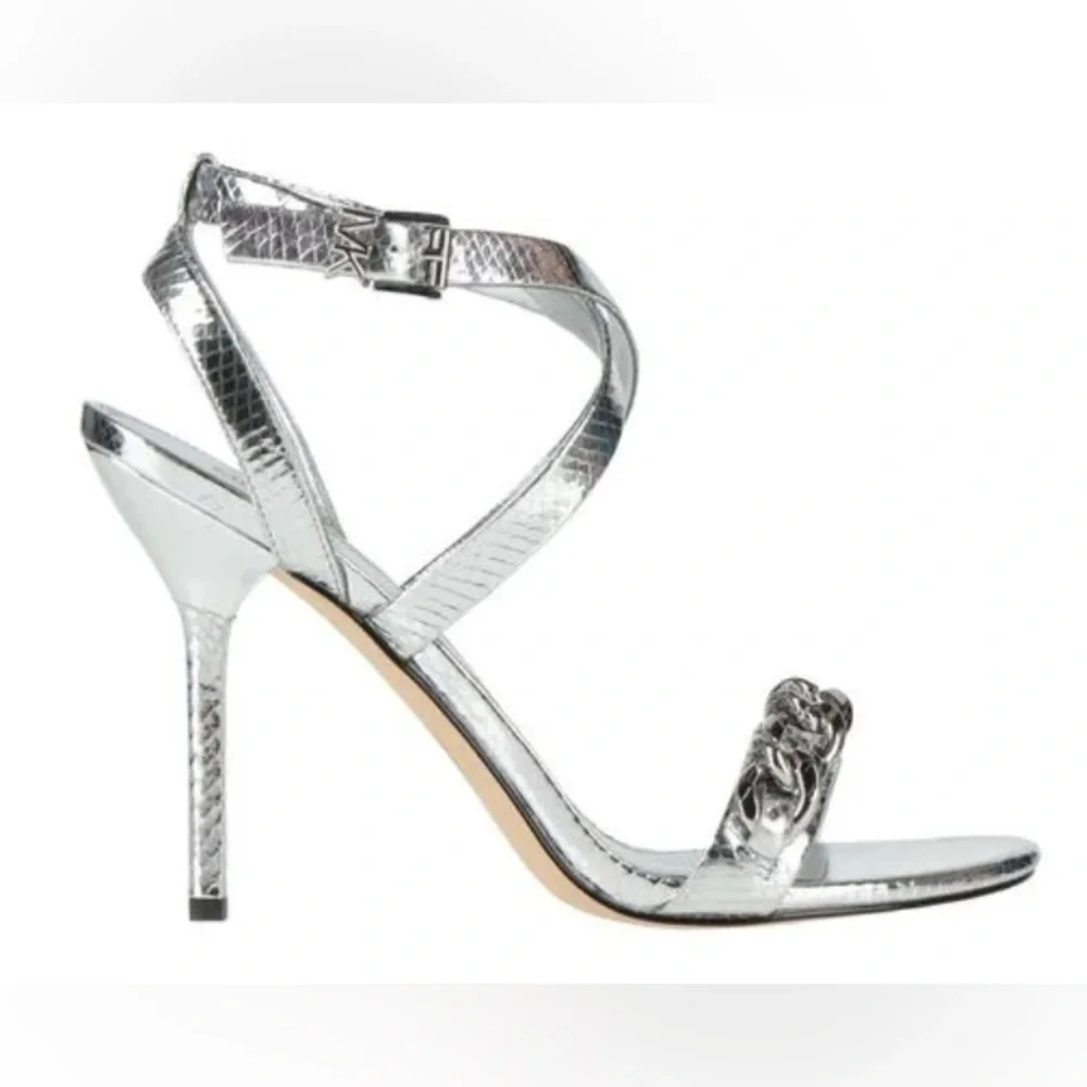 Michael Kors Silver High Heel Leather Sandal - Chain Front/Strappy/Size 7